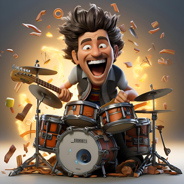 3D-Illustration eines Teenagers, der Schlagzeug spielt und mit Musiknoten singt