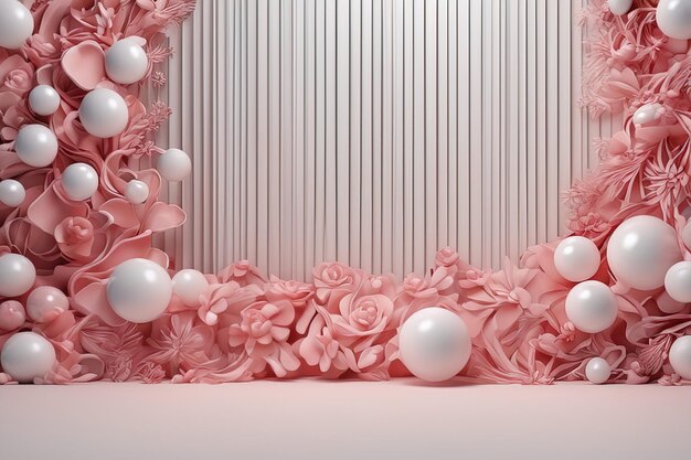 3D-Illustration eines wunderschönen weißen und rosa Hintergrunds mit Blumen, einer wunderschönen Dekoration3D-Il