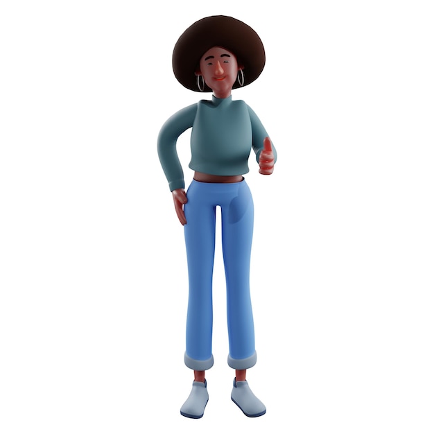 3D-Illustration: Entzückendes 3D-Afro-Girl-Charakterdesign, das Daumen nach oben zeigt und die Hände auf der Taille legt