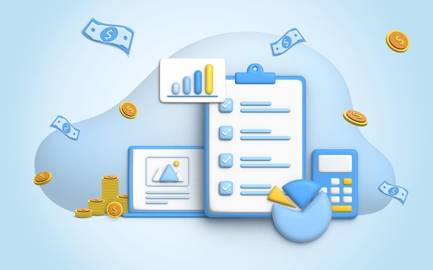 3D-Illustration Finanzmanagementkonzept und Investitionen, Banner-Vorlage für die Zahlung mit Geld.