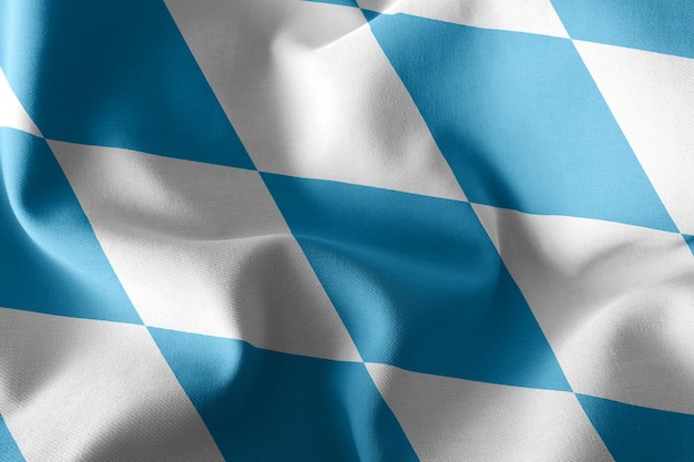 3D-Illustration Flagge Bayerns ist eine Region Deutschlands, die auf dem textilen Hintergrund der Windfahne weht