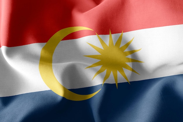 3D-Illustration Flagge von Labuan ist ein Bundesstaat Malaysia, der auf dem textilen Hintergrund der Windfahne weht