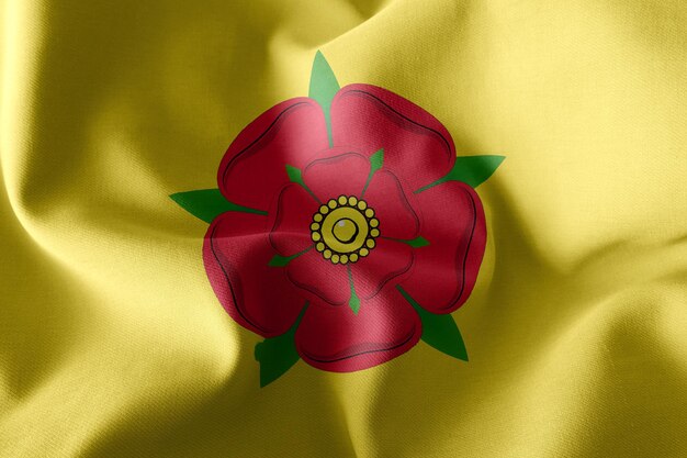 3D-Illustration Flagge von Lancashire ist eine Grafschaft von England, die auf dem textilen Hintergrund der Windfahne weht