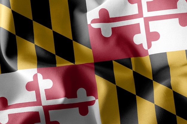 3D-Illustration Flagge von Maryland ist eine Region der Vereinigten Staaten, die auf dem textilen Hintergrund der Windfahne weht