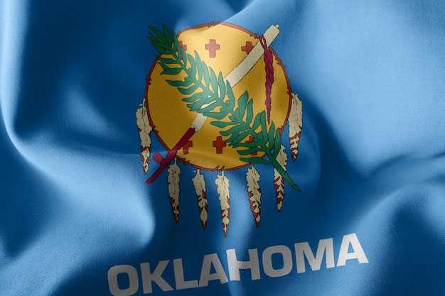 3D-Illustration Flagge von Oklahoma ist eine Region der Vereinigten Staaten, die auf dem textilen Hintergrund der Windfahne weht