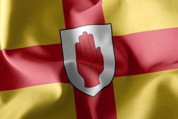 3D-Illustration Flagge von Ulster ist eine Region Irlands, die auf dem textilen Hintergrund der Windfahne weht