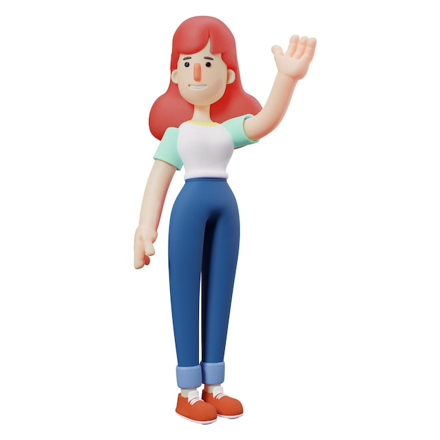 3D-Illustration Fröhliches süßes Mädchen 3D-Cartoon-Figur sagt Hallo. Hat langes, dickes Haar