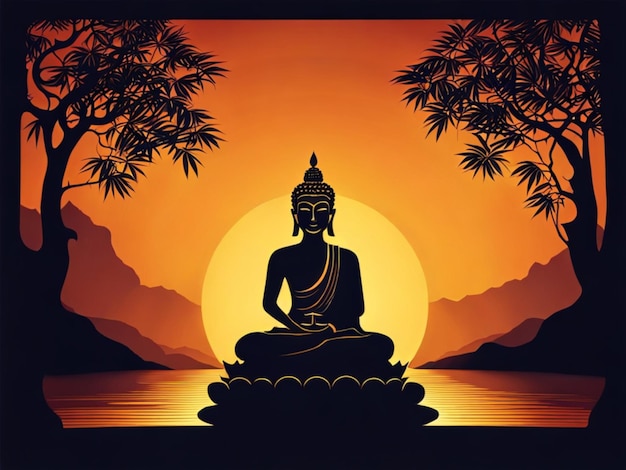 3D-Illustration für den Magha-Puja-Tag mit einer Silhouette einer Buddha-Statue in Meditation