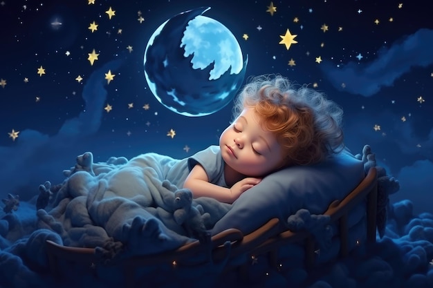 3D-Illustration für Kinder mit Mond und schlafendem Baby. Schönes Poster für Babyzimmer oder Schlafzimmer. Kindliche Grußkarte