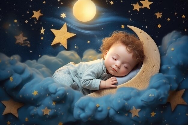 3D-Illustration für Kinder mit Mond und schlafendem Baby. Schönes Poster für Babyzimmer oder Schlafzimmer. Kindliche Grußkarte