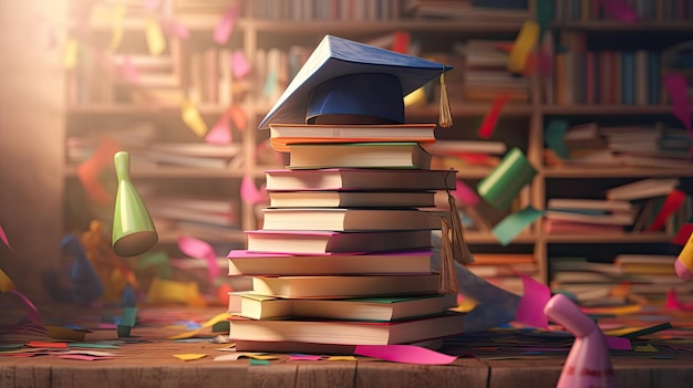 3D-Illustration gestapelter Bücher, einer Abschlusskappe und Leitern für den Bildungstag