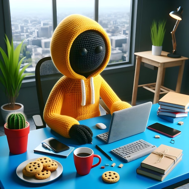 3D-Illustration Häkelpuppen Mitarbeiterfiguren arbeiten vor einem Computer mit im Bürozimmer