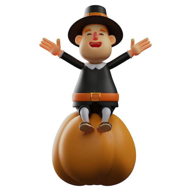 3D-Illustration Happy Face Thanksgiving Pilgrim Man 3D-Cartoon, der auf einem riesigen Kürbis sitzt