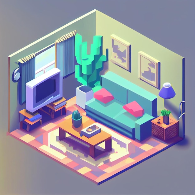 3D-Illustration isometrisches Interieur süßes Design Wohnzimmer enthält viele voluminöse Objekte und Details