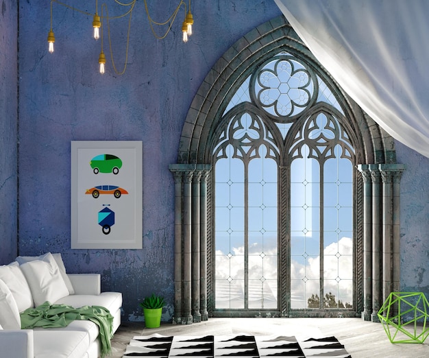 Foto 3d-illustration königliches badezimmer aus weißem marmor mit gotischem fenster in einem schloss-innenraumkonzept