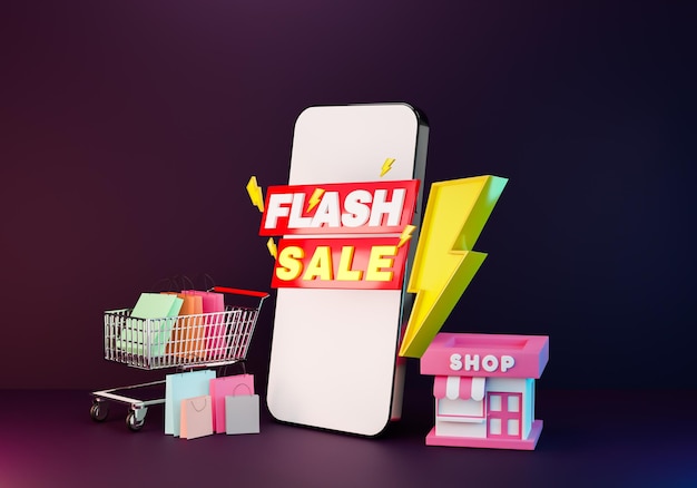 3D-Illustration Konzept Einkaufszeit Flash-Shopping online auf dem Smartphone