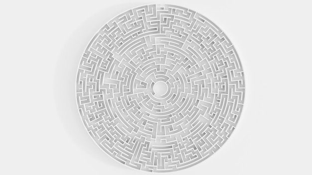 3D-Illustration kreisförmiges Labyrinth in Draufsicht auf weißem Hintergrund