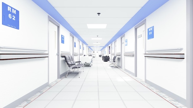 3D-Illustration Leerer Korridor in einem modernen Krankenhaus