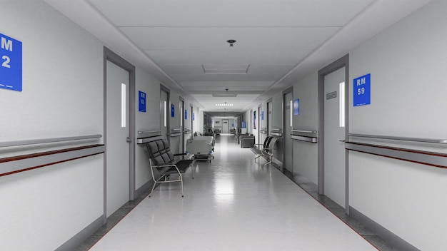 3D-Illustration Leerer Korridor in einem modernen Krankenhaus