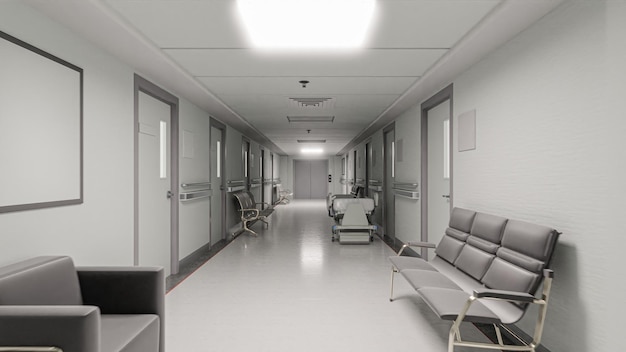 3D-Illustration Leerer Korridor in einem modernen Krankenhaus