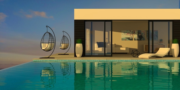 3D-Illustration. Meer moderne Villa mit Pool und Sonnenliegen. Blaues Wasser. Resort oder Hotel