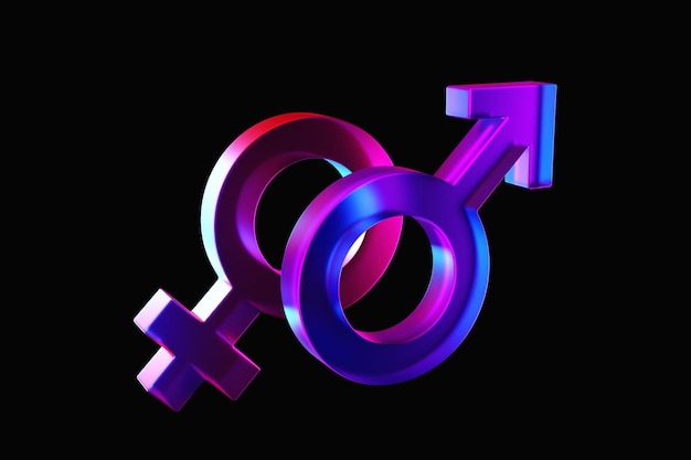 Foto 3d-illustration minimalistisches konzept männliche und weibliche symbole auf schwarzem hintergrund verbunden sexuelle symbole geschlechtssymbol paar mann und frau