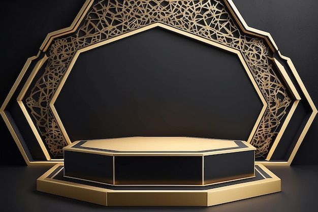 3D-Illustration mit schwarzem Hintergrund und goldenem achteckigen Sockel im islamischen Stil