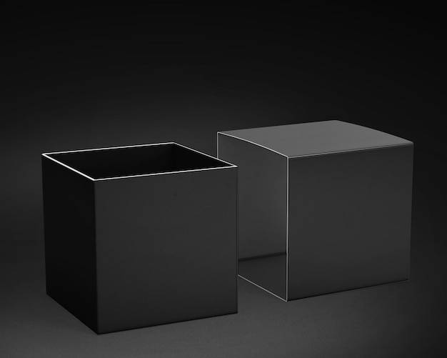 Foto 3d-illustration mockup einer quadratischen schachtel mit einem auf schwarzem ba isolierten deckel