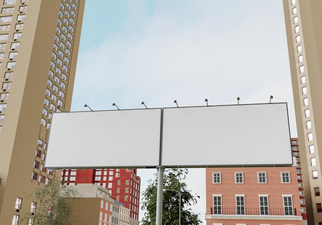 3D-Illustration Mockup leere horizontale Außenplakat in der Nähe eines hohen Gebäudes in der Innenstadt leerer Raum für die Einfügung von Werbung Kommunikation Marketing Rendering