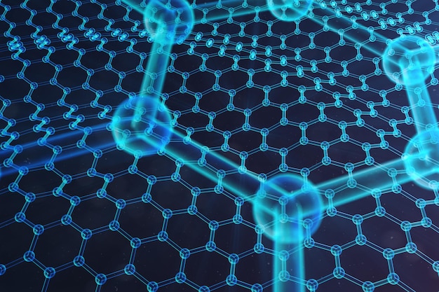 Foto 3d-illustration nanotechnologie, leuchtende hexagonale geometrische form aus nächster nähe, konzept graphen atomstruktur, konzept graphen molekülstruktur. wissenschaftsillustration