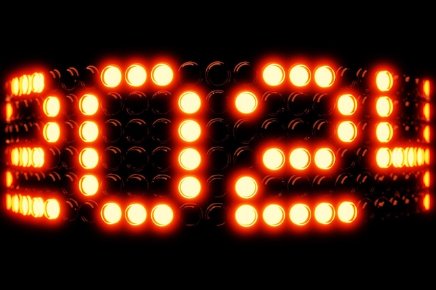 3D-Illustration Neoninschrift 2024 auf schwarzem Hintergrund Veränderlichkeit der Jahre Illustration des Symbols des neuen Jahres