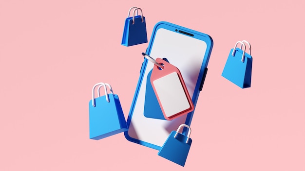3D-Illustration Online-Shopping mit großen Angeboten. Rabatt-Online-Shopping-Konzept
