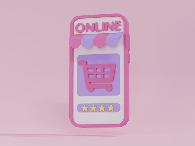 3D-Illustration Online-Shopping mit Smartphone-Anwendung 3D-Rendering-Telefon mit Bewertungsstern