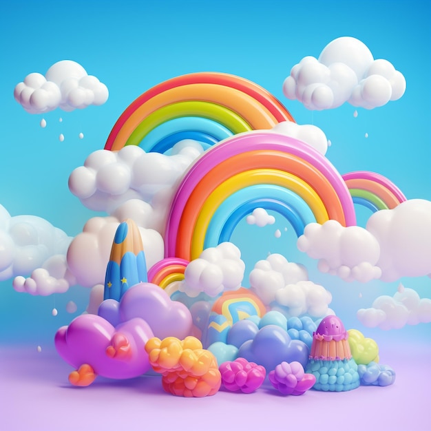 3D-Illustration Regenbogen und Wolken auf Himmel Hintergrund im Stil von Jeremiah Ketner minimalistisch