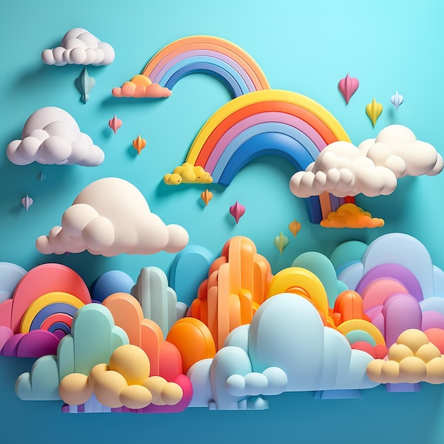 3D-Illustration Regenbogen und Wolken auf Himmel Hintergrund im Stil von Jeremiah Ketner minimalistisch