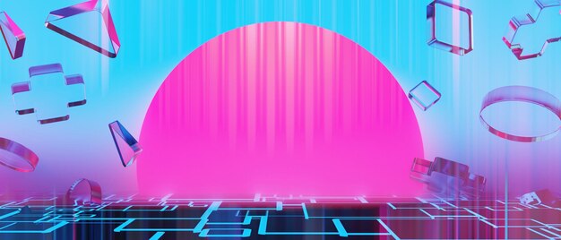 3D-Illustration Rendering von y2k 2000er Jahre Gamer Technologie futuristische Fantasy Metaverse Cyberpunk Scifi Display Podium abstrakter Hintergrund Neonglow