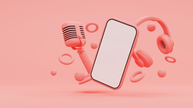 3D-Illustration, Retro-Mikrofon und Kopfhörer und Smartphone auf rosa Hintergrund