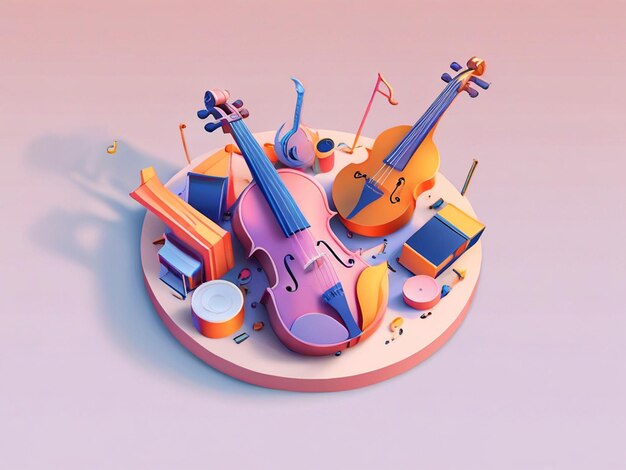 3D-Illustration runde Form von Musikinstrumenten mit Gitter Geige usw. für den Musiktag Feier