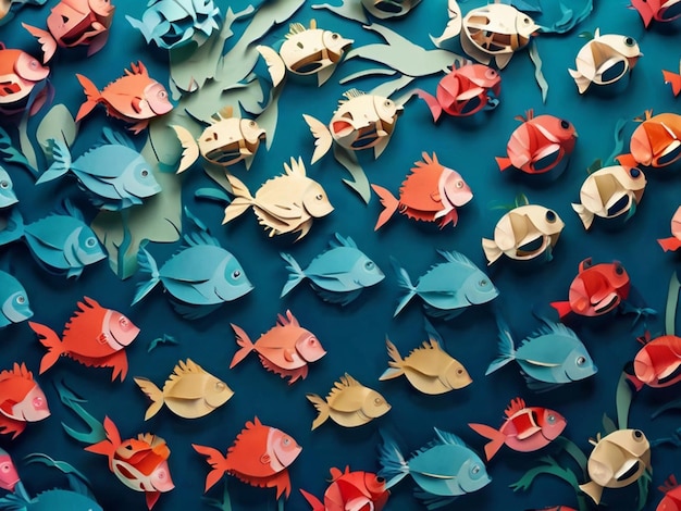 3D-Illustration runde Form von Ozean-Papier geschnitten mit Fischen