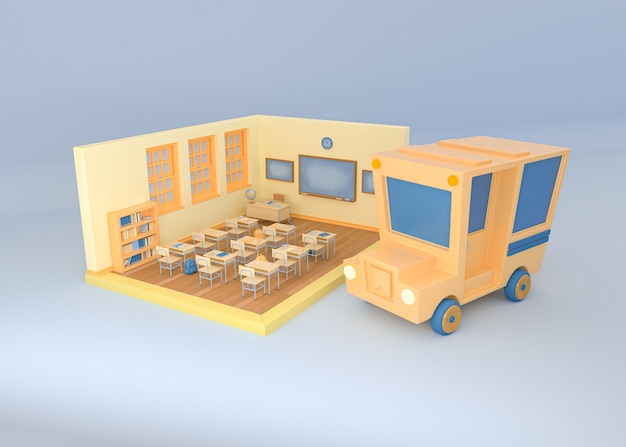 3D-Illustration. Schulbus und Klassenzimmer auf isoliertem Hintergrund. Zurück zur Schule