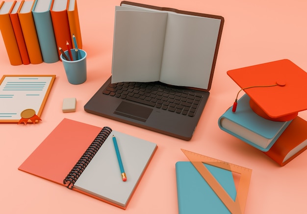 3d-illustration. schulmaterial und gegenstände mit einem laptop