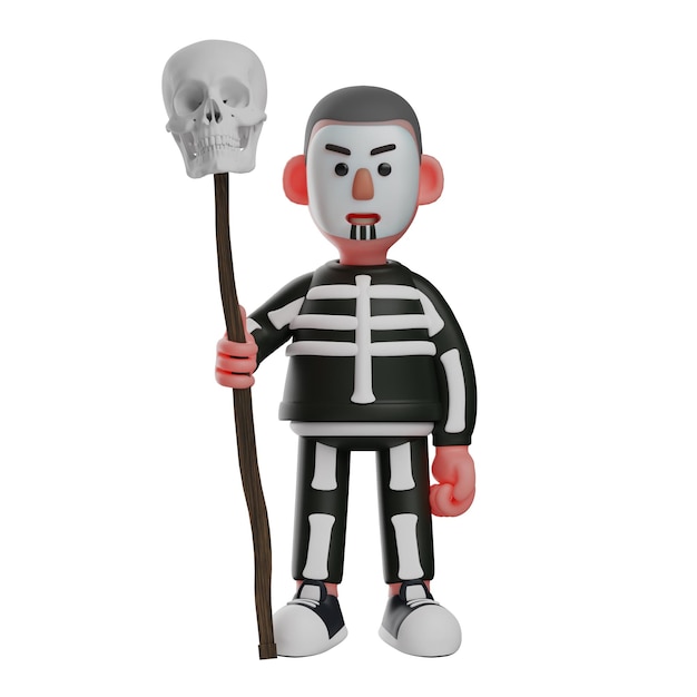 3D-Illustration Skeleton Boy 3D-Charakter mit einem Skelettstock, der einen wütenden Gesichtsausdruck zeigt