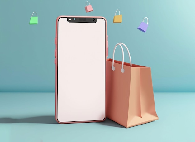 3D-Illustration Smartphone mit leerem weißen Bildschirm und Papiereinkaufstasche auf pastellfarbenem Hintergrund Online-Shop-Konzept