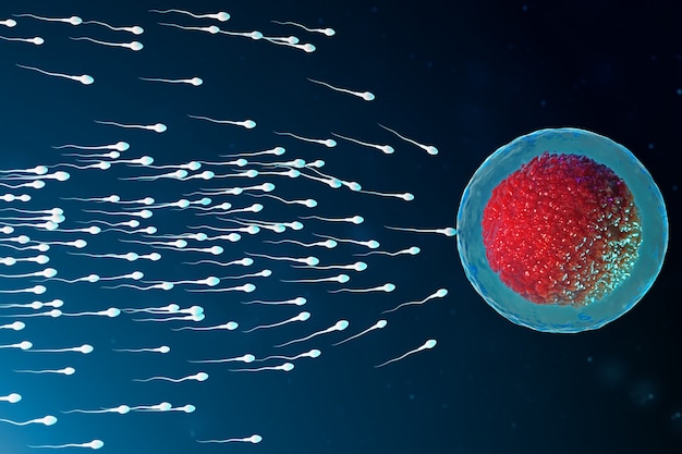 3D-Illustration Sperma und Eizelle, Eizelle. Sperma nähert sich der Eizelle. Einheimische und natürliche Düngung. Konzeption der Beginn eines neuen Lebens. Eizelle mit rotem Kern unter dem Mikroskop, Bewegungssperma