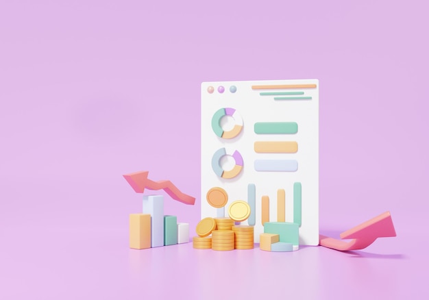 3D-Illustration Statistiken finanzieren Bildungskonzept. graph analytics Optimierung Um in die Geschäftsentwicklung zu investieren. Gestickte Wachstumspfeil-Zielplanung. Wiedergabe