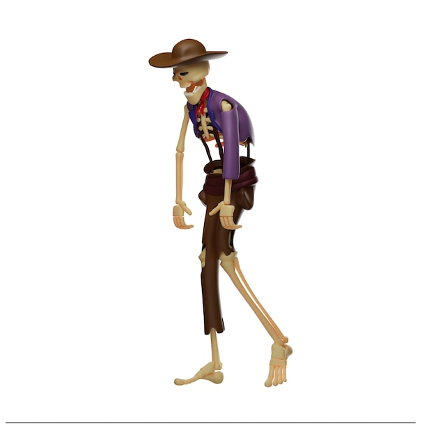 3D-Illustration Totenkopf-Cowboy 3D-Cartoon-Figur fühlt sich müde mit einer leicht gebeugten Körperhaltung