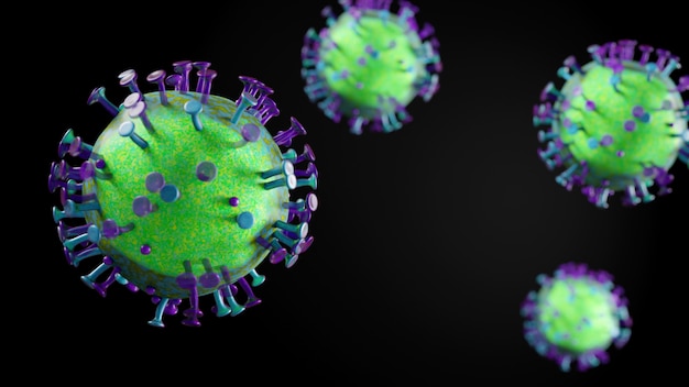 3d Illustration von Bakterien oder Viren in Kugelform mit langen Antennen in grünvioletter Farbe
