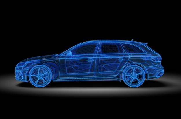 3D-Illustration von generischen und markenlosen Autos in Schwarz und Wireframe