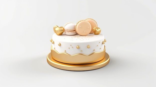 3D-Illustration von goldenem süßem Geburtstagskuchen, süßer Kuchen für einen Überraschungsgeburtstag, für Jubiläum und Feier, Muttertag, Valentinstag, Kuchen, Cupcake, generative KI-Illustration