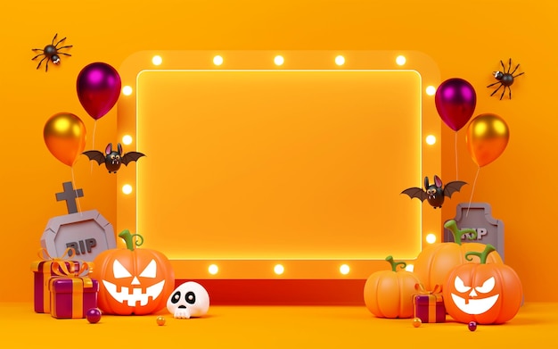 3D-Illustration von Happy Halloween Banner mit Jack O Lantern Kürbissen